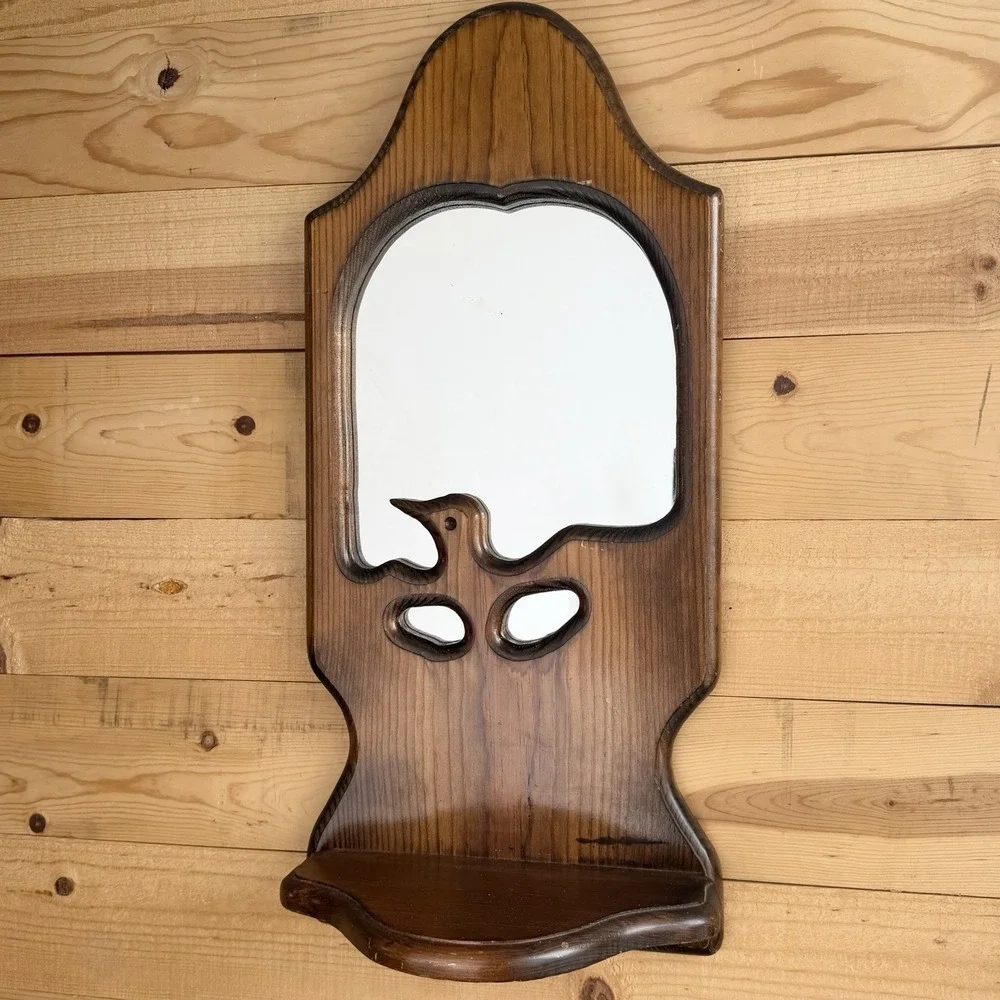 Mirror Mid Century Modern‎ With Shelf and Bird Carving Arch 70's Retro Wall Art